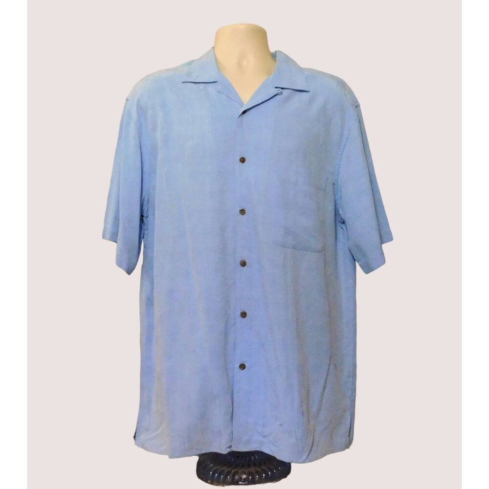 Jos A Bank Tropical Shirt Mens M Blue Casual Hawaiian Palm Tree Short Slv Pocket
